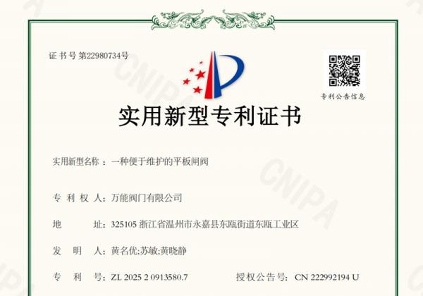 -萬能閥門獲“便于維護(hù)的平板閘閥”專利 推動(dòng)產(chǎn)品可靠性與維護(hù)效率提升